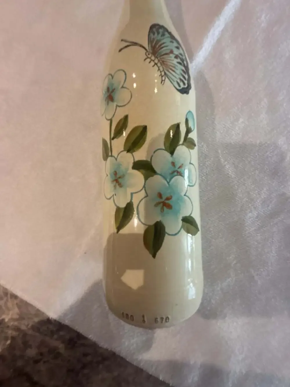 Hand Painted Ceramic Bottle Vase with Blue Flowers and Butterfly